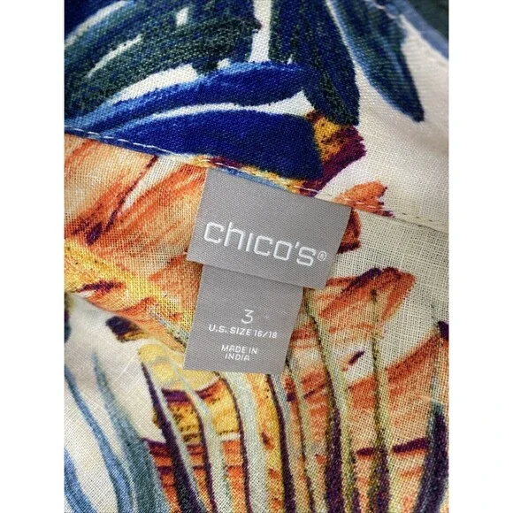 Chico’s Dress Hawaiian Floral Size 3 16/18 Linen Snap Up Pocket Drawstring Slits - Picture 11 of 16
